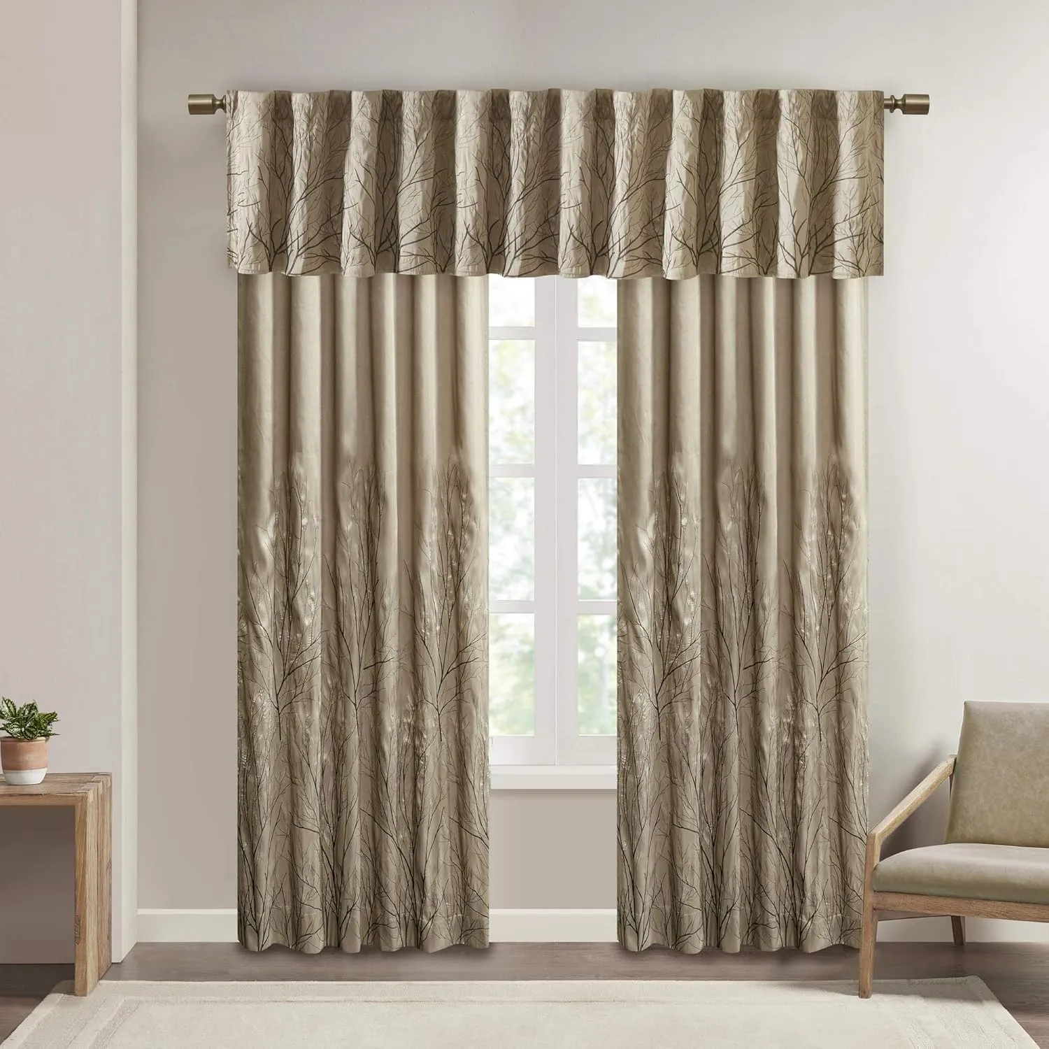 Madison Park Tan Curtains For Living Room , Transitional-Rod Pocket Light Curtains For Bedroom , Andora Embroidered Back Tab Fabric Window Curtains , 50" x 84", 1-Panel Pack