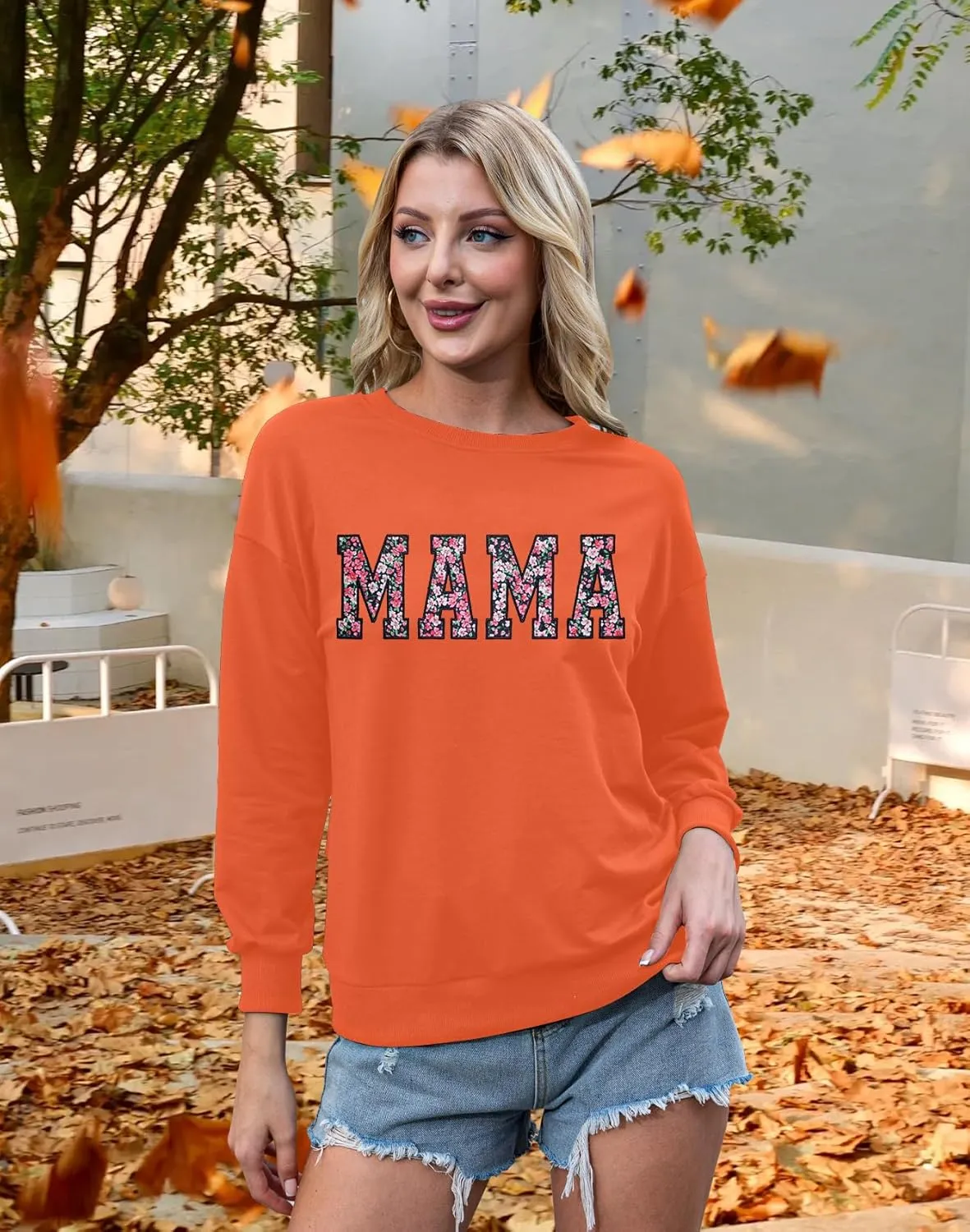 Mama Sweatshirt for Women: Embroidered Mama Essentials Crewneck Sweatshirt with Mom Graphic Long Sleeve