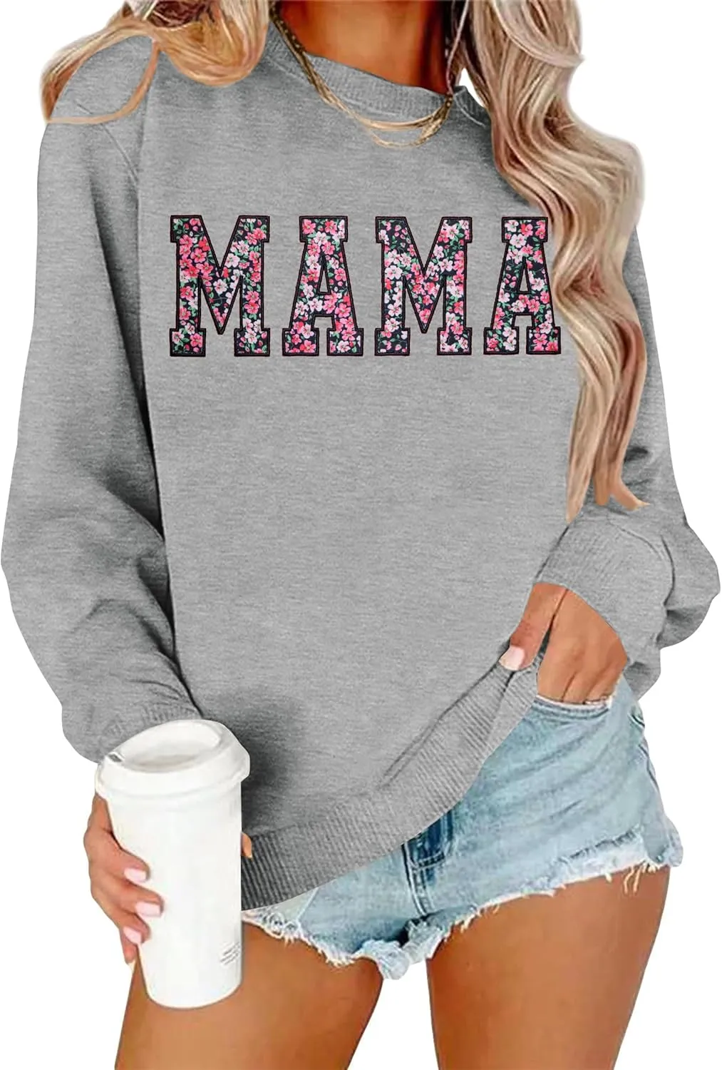 Mama Sweatshirt for Women: Embroidered Mama Essentials Crewneck Sweatshirt with Mom Graphic Long Sleeve