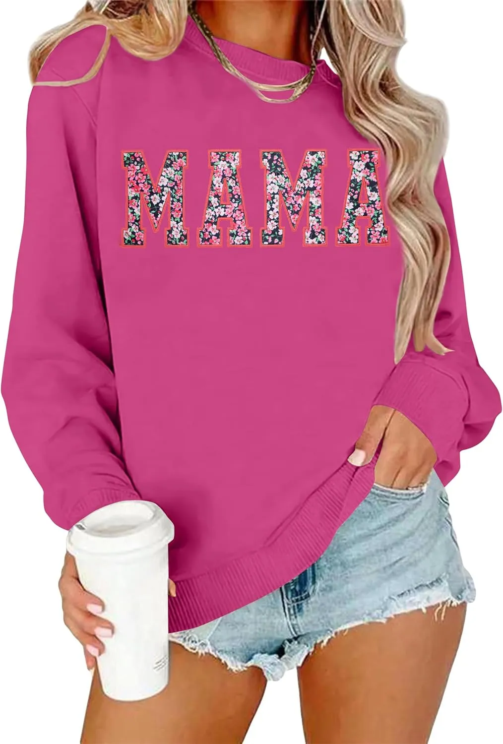 Mama Sweatshirt for Women: Embroidered Mama Essentials Crewneck Sweatshirt with Mom Graphic Long Sleeve