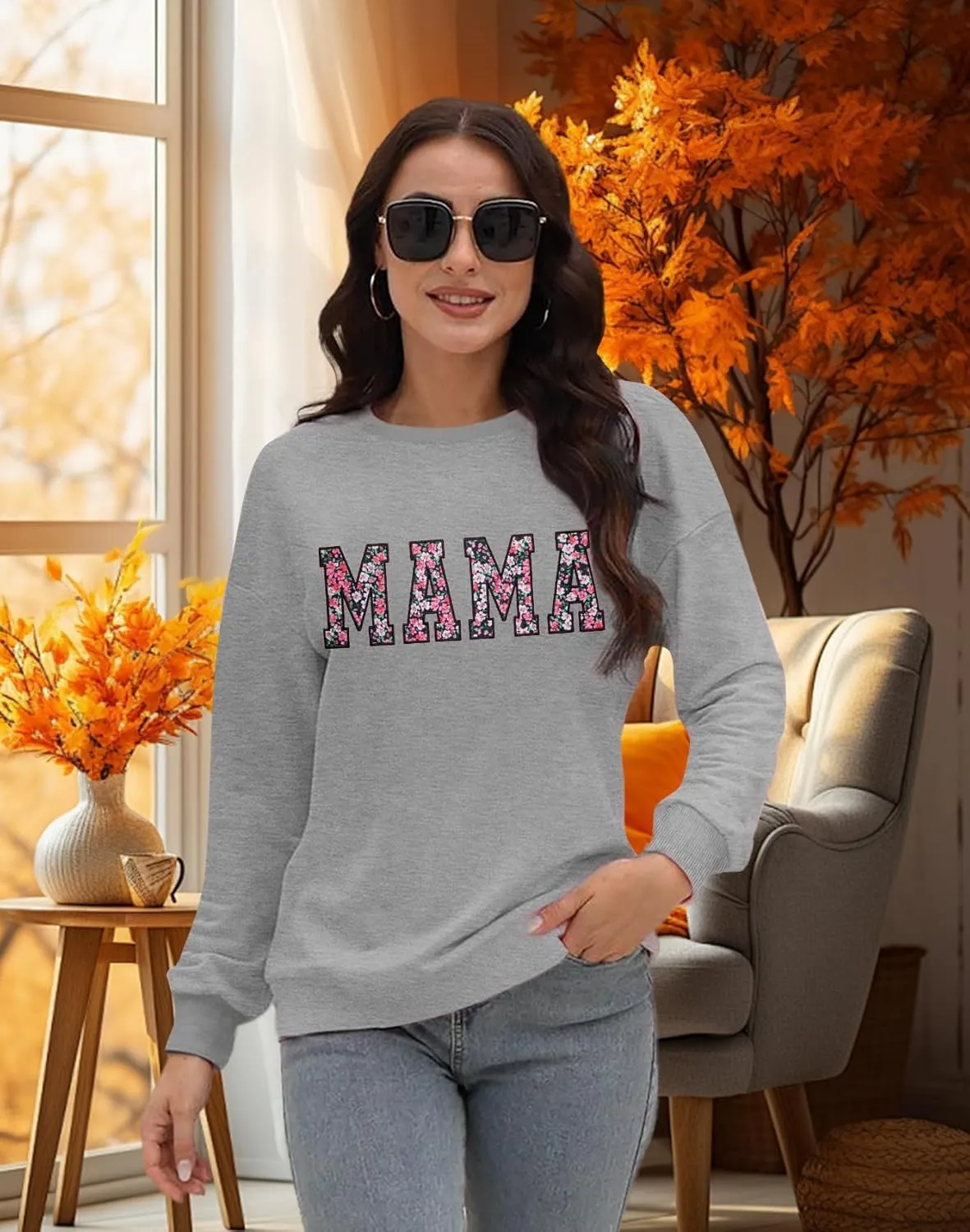 Mama Sweatshirt for Women: Embroidered Mama Essentials Crewneck Sweatshirt with Mom Graphic Long Sleeve