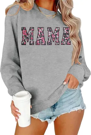 Mama Sweatshirt for Women: Embroidered Mama Essentials Crewneck Sweatshirt with Mom Graphic Long Sleeve