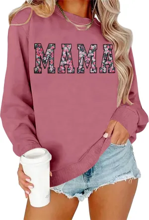 Mama Sweatshirt for Women: Embroidered Mama Essentials Crewneck Sweatshirt with Mom Graphic Long Sleeve