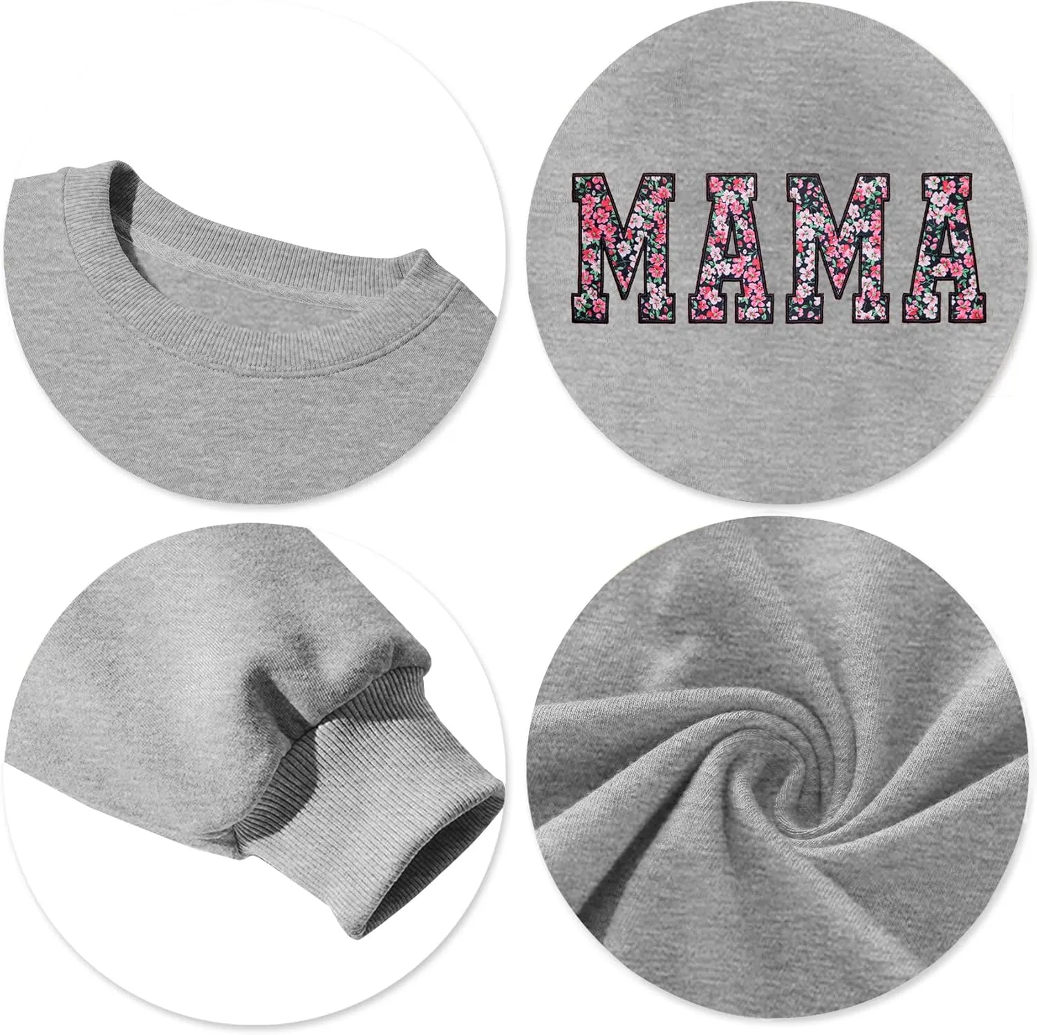 Mama Sweatshirt for Women: Embroidered Mama Essentials Crewneck Sweatshirt with Mom Graphic Long Sleeve