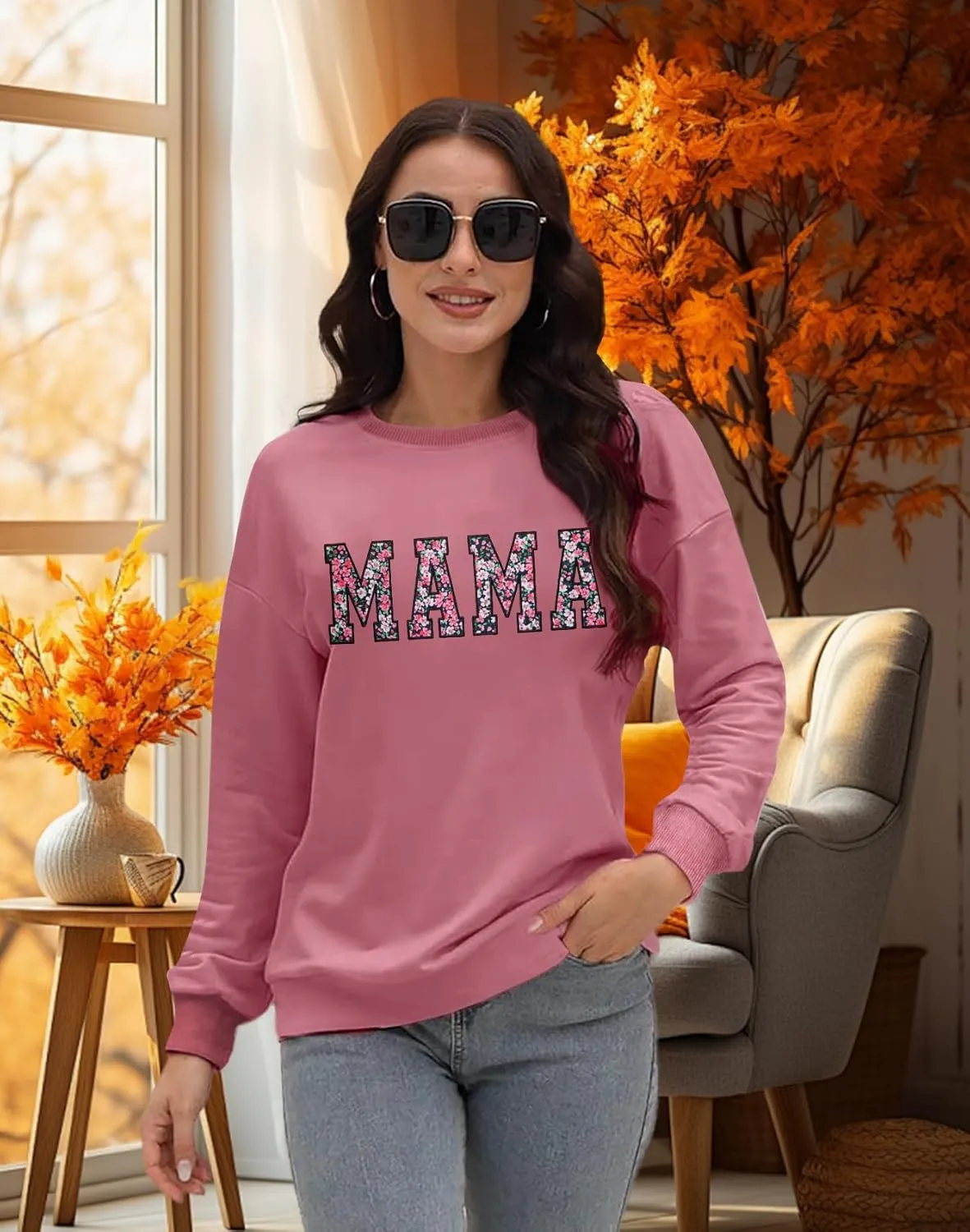 Mama Sweatshirt for Women: Embroidered Mama Essentials Crewneck Sweatshirt with Mom Graphic Long Sleeve