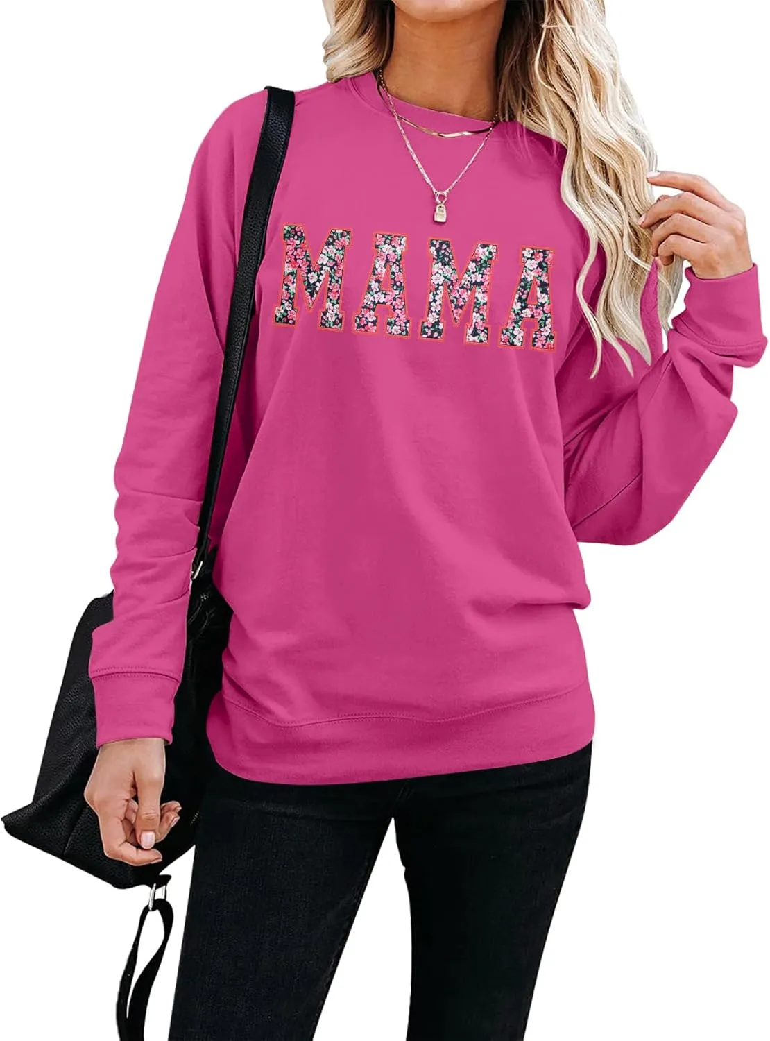 Mama Sweatshirt for Women: Embroidered Mama Essentials Crewneck Sweatshirt with Mom Graphic Long Sleeve