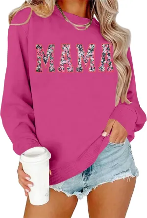 Mama Sweatshirt for Women: Embroidered Mama Essentials Crewneck Sweatshirt with Mom Graphic Long Sleeve