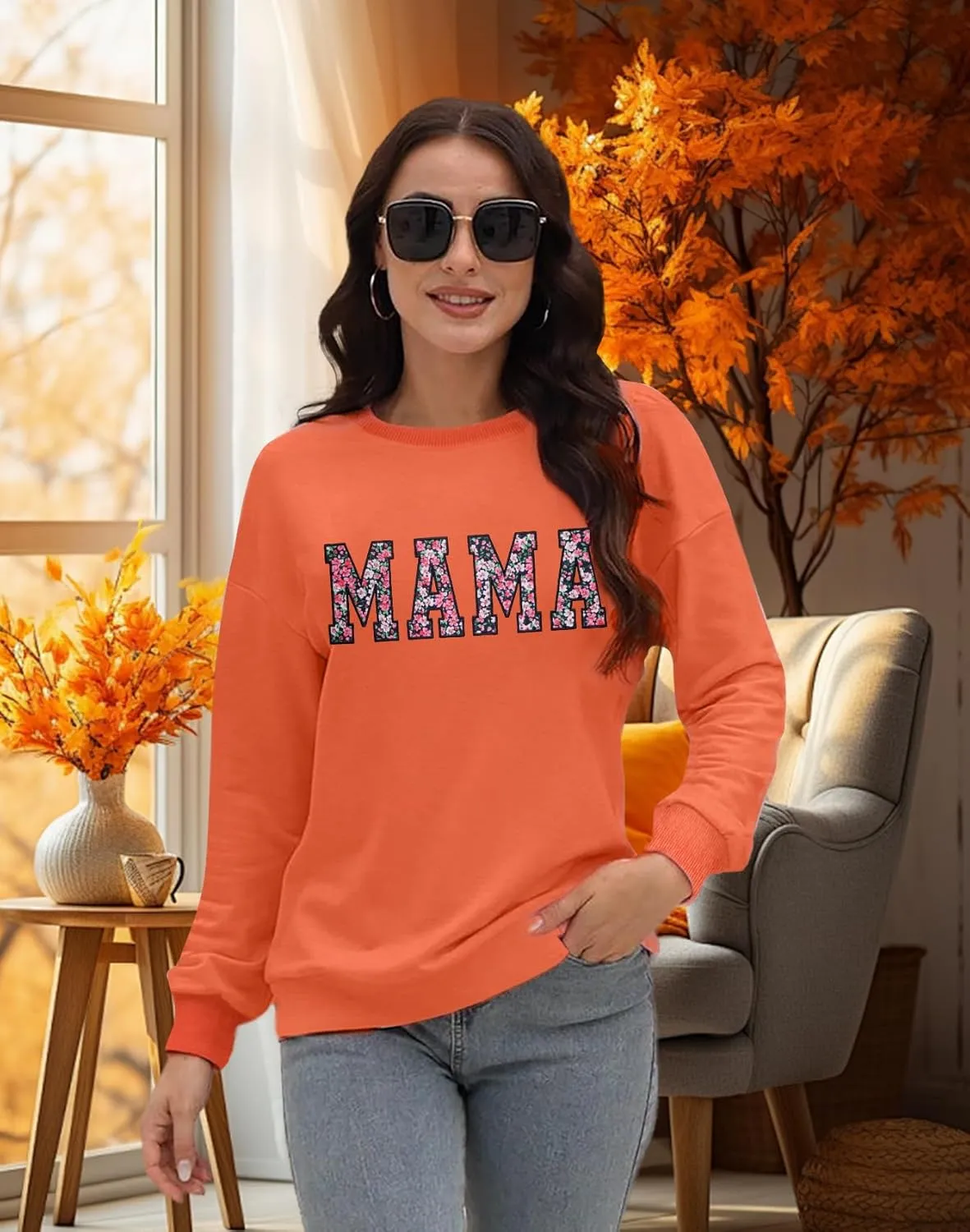 Mama Sweatshirt for Women: Embroidered Mama Essentials Crewneck Sweatshirt with Mom Graphic Long Sleeve