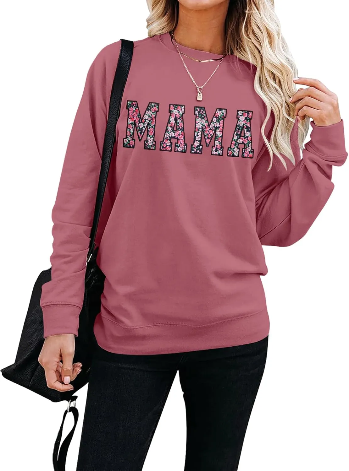 Mama Sweatshirt for Women: Embroidered Mama Essentials Crewneck Sweatshirt with Mom Graphic Long Sleeve