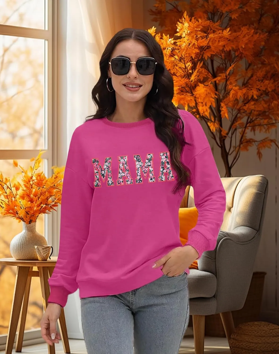 Mama Sweatshirt for Women: Embroidered Mama Essentials Crewneck Sweatshirt with Mom Graphic Long Sleeve