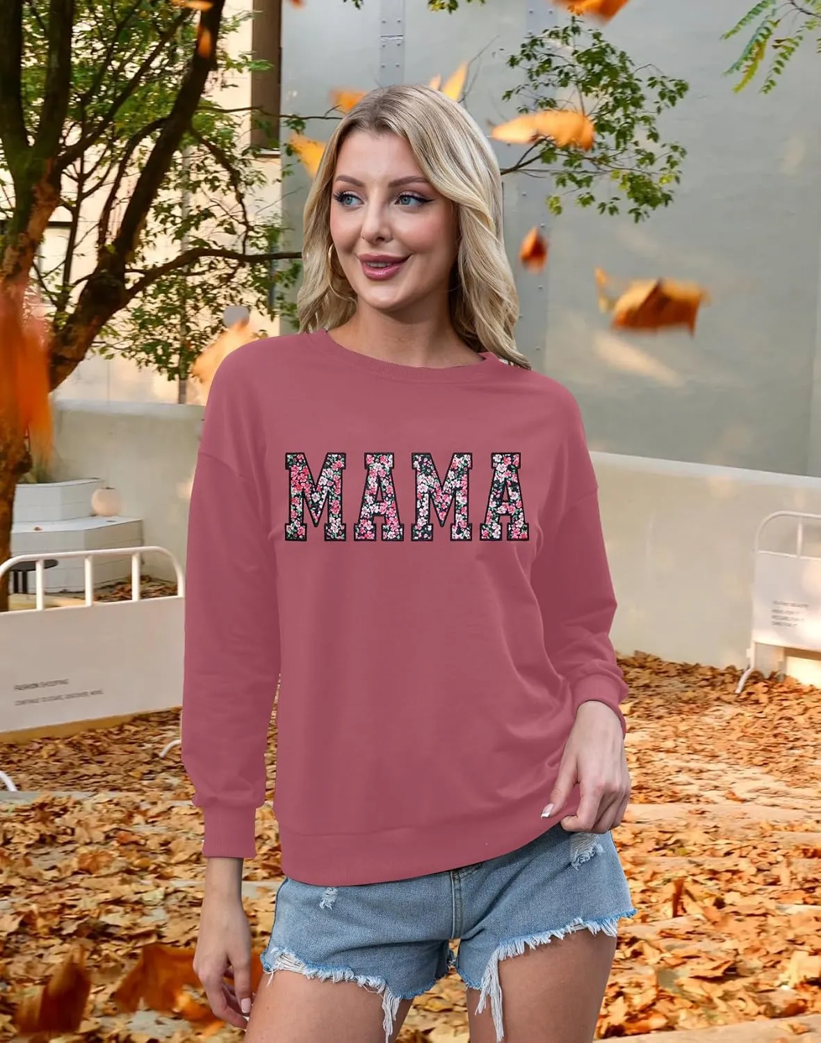 Mama Sweatshirt for Women: Embroidered Mama Essentials Crewneck Sweatshirt with Mom Graphic Long Sleeve