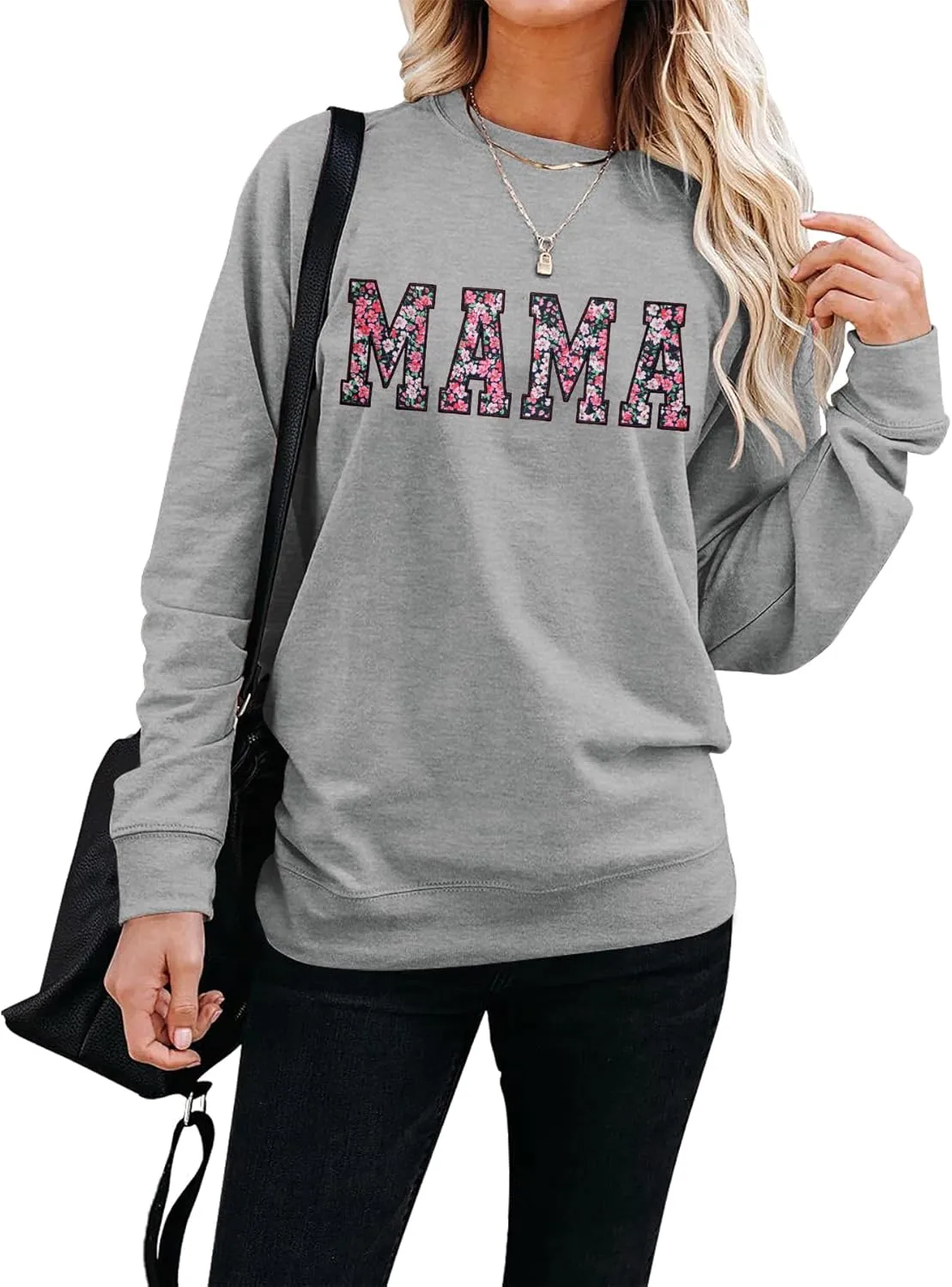 Mama Sweatshirt for Women: Embroidered Mama Essentials Crewneck Sweatshirt with Mom Graphic Long Sleeve