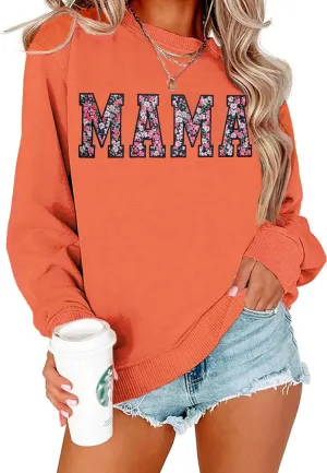 Mama Sweatshirt for Women: Embroidered Mama Essentials Crewneck Sweatshirt with Mom Graphic Long Sleeve