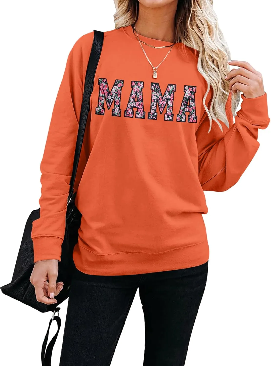 Mama Sweatshirt for Women: Embroidered Mama Essentials Crewneck Sweatshirt with Mom Graphic Long Sleeve