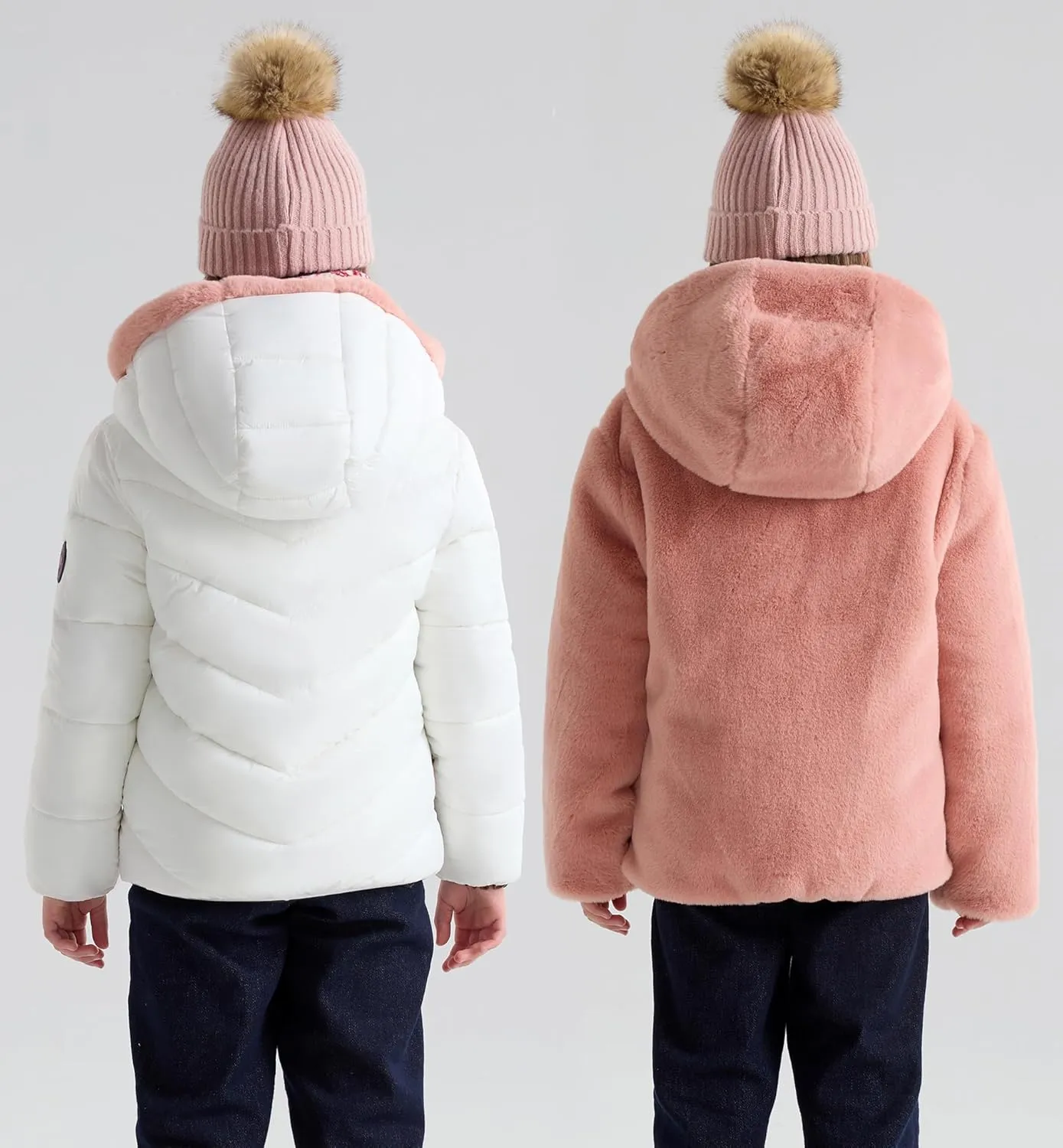 maoo garden Girls Winter Reversible Puffer Jacket Kids Heavyweight Faux-Down Fuzzy Fleece Lined Water-Resistant Coat