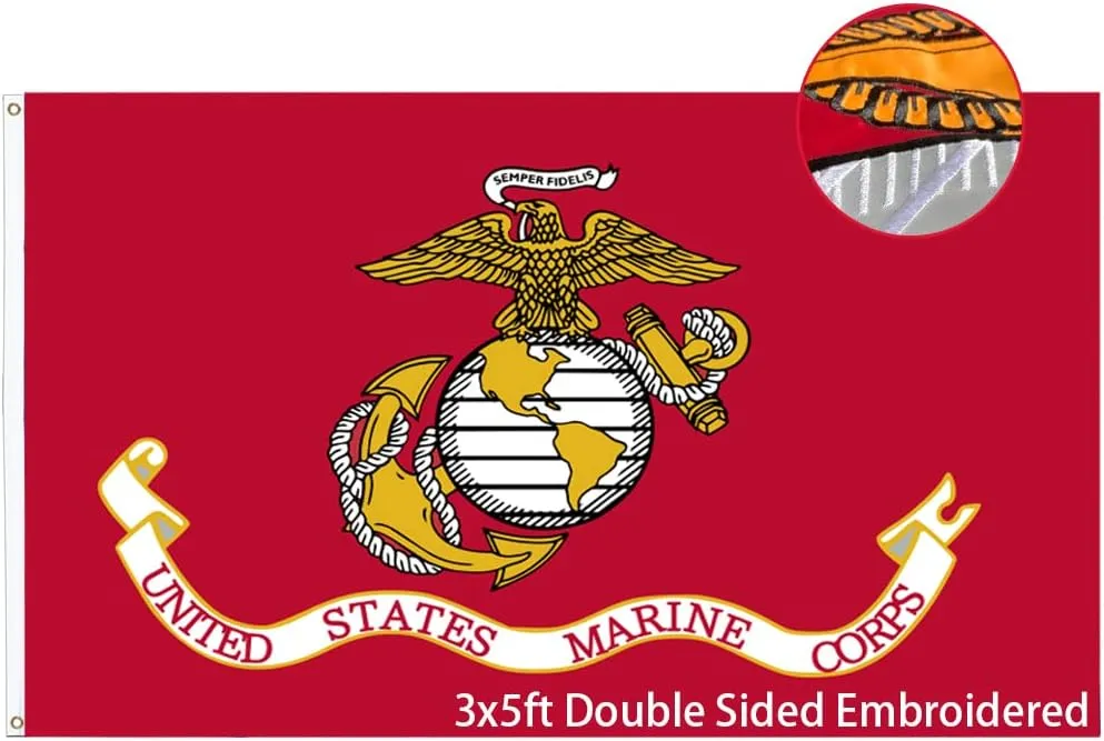 Marine Corps Flag Embroidered USMC 3x5 Ft- Double Sided and Double Stitched- Weather Resistant US Marine Military Flags with Brass Grommets Military Flags Outdoor/Indoor