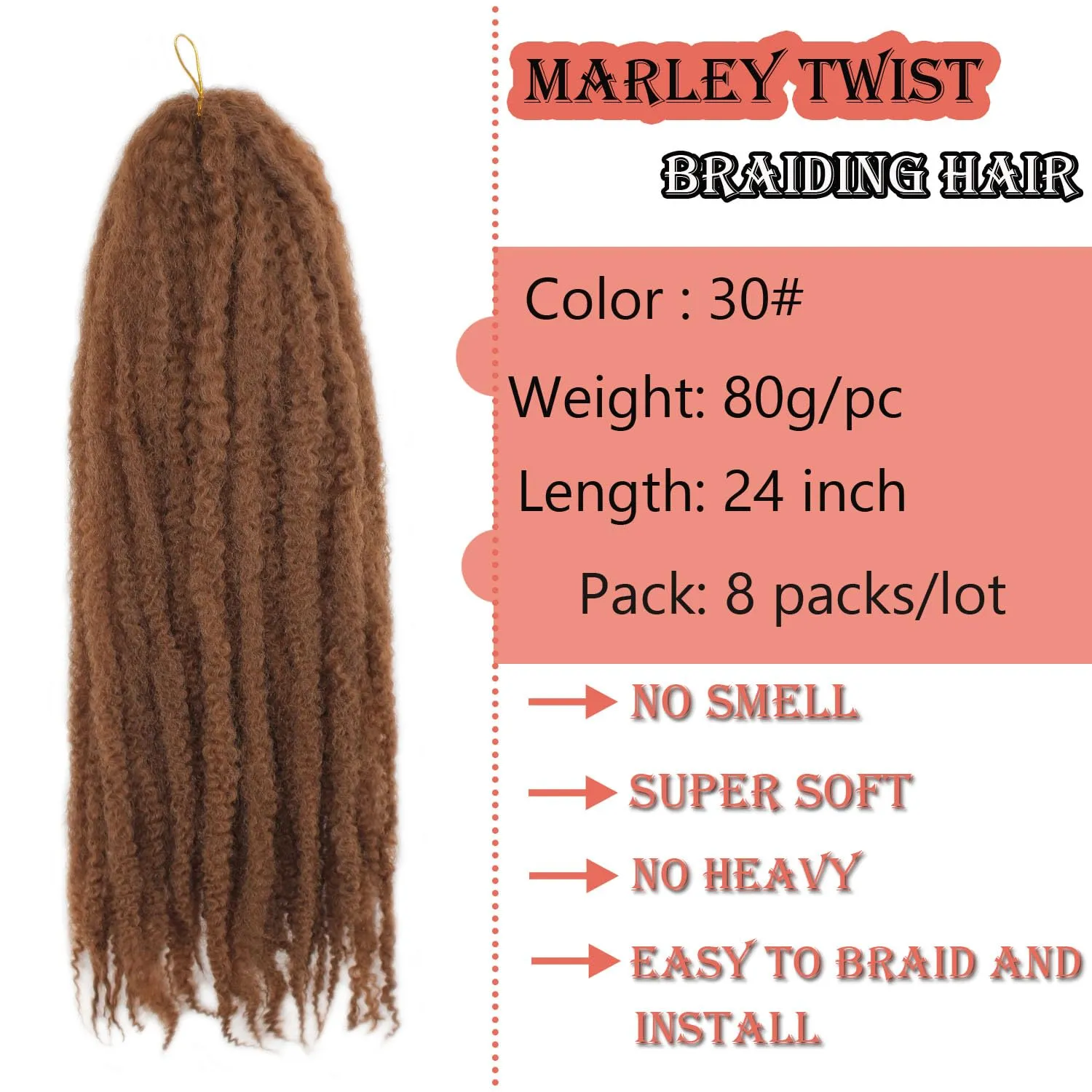 Marley Twist Braiding Hair 24 Inch Long Cuban Twist Hair 8 Packs Afro Kinky Curly Twist Crochet Hair Synthetic Hair Extensions (24 Inch 8packs, #30)