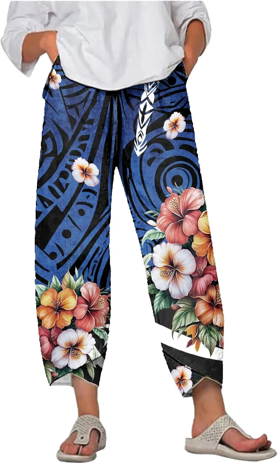 MARSVOVO Capri Pants for Women Summer Fashion Patchwork Cropped Comfy Wide Leg Baggy Trouser Palazzo Pants with Pockets