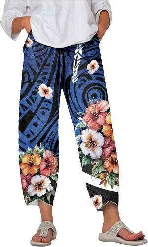 MARSVOVO Capri Pants for Women Summer Fashion Patchwork Cropped Comfy Wide Leg Baggy Trouser Palazzo Pants with Pockets