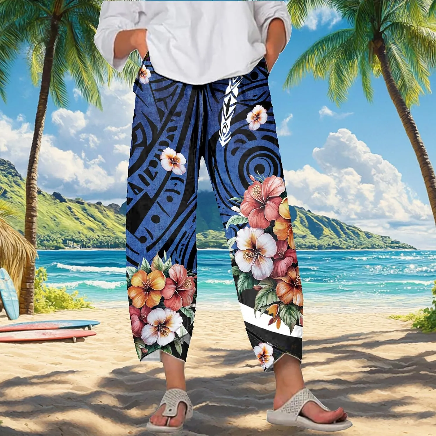 MARSVOVO Capri Pants for Women Summer Fashion Patchwork Cropped Comfy Wide Leg Baggy Trouser Palazzo Pants with Pockets