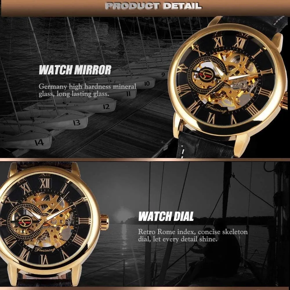 MASTOPMens Mechanical Automatic Watches Top Brand Luxury Retro Hollow Design Leather Skeleton Mechanical Men Watches