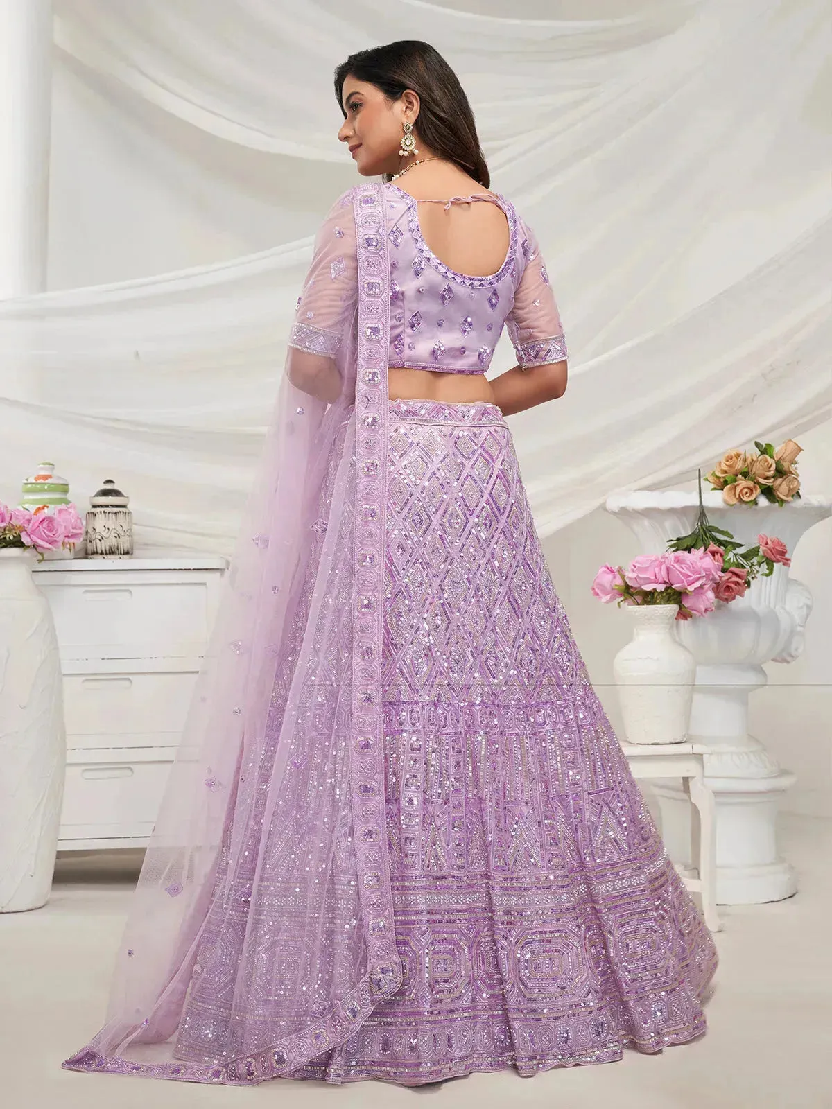 Mauve White Lehenga with Diamond Patterns & Sequins Work for Bridal Wedding Wear