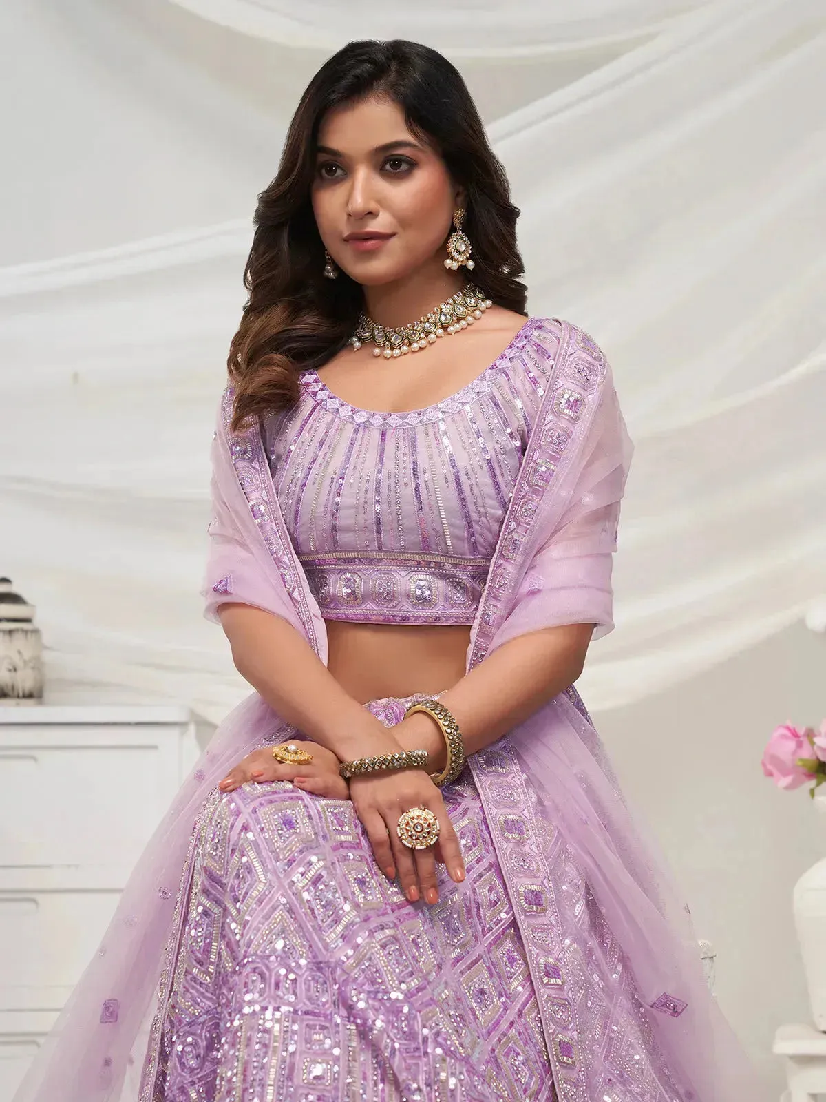 Mauve White Lehenga with Diamond Patterns & Sequins Work for Bridal Wedding Wear