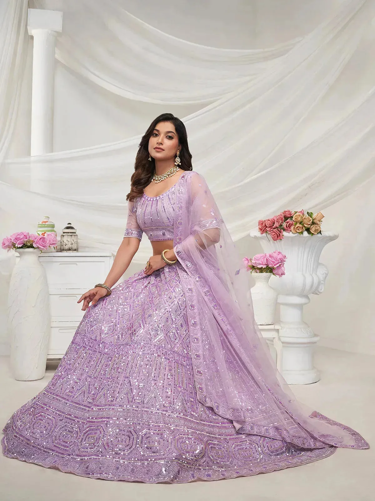 Mauve White Lehenga with Diamond Patterns & Sequins Work for Bridal Wedding Wear