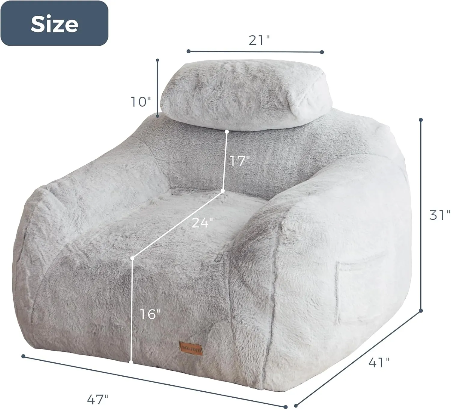 MAXYOYO Giant Bean Bag Chair with Pillow, Faux Fur Bean Bag Sofa for Adults Large Fluffy and Comfy Bean Bag Couch with Filler for Reading, Gaming, Grey