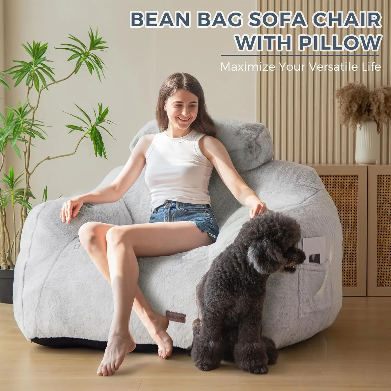 MAXYOYO Giant Bean Bag Chair with Pillow, Faux Fur Bean Bag Sofa for Adults Large Fluffy and Comfy Bean Bag Couch with Filler for Reading, Gaming, Grey