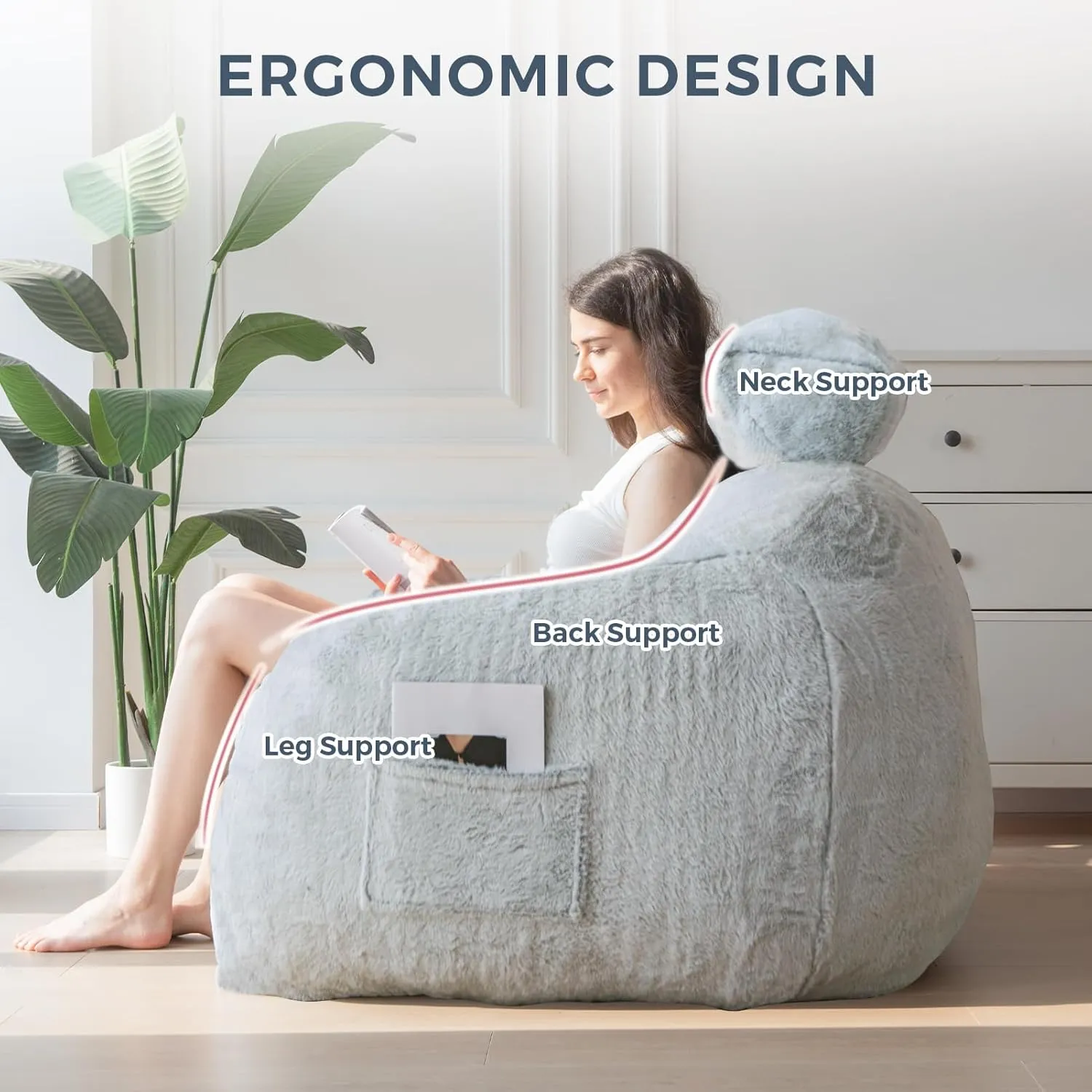 MAXYOYO Giant Bean Bag Chair with Pillow, Faux Fur Bean Bag Sofa for Adults Large Fluffy and Comfy Bean Bag Couch with Filler for Reading, Gaming, Grey