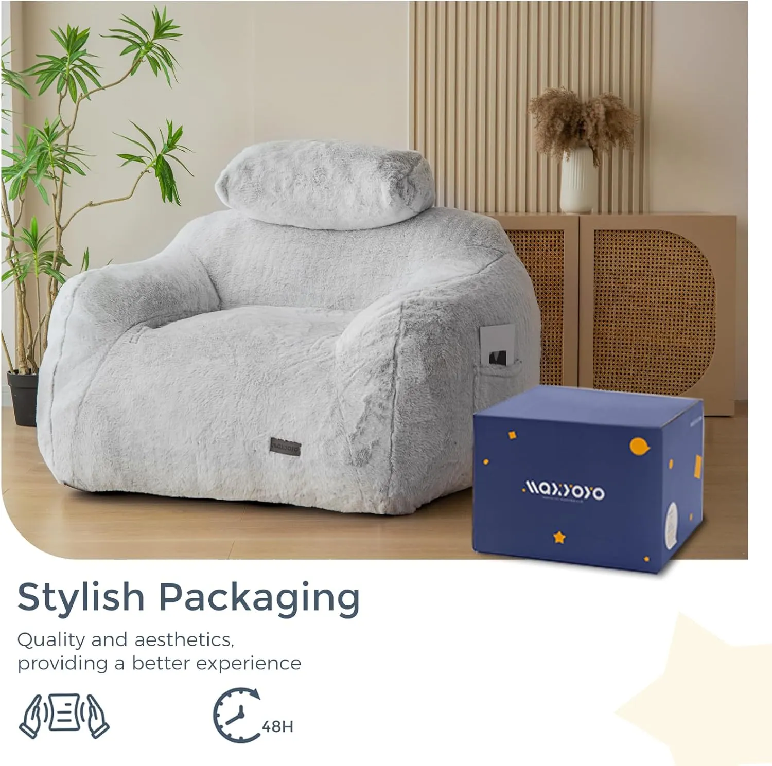 MAXYOYO Giant Bean Bag Chair with Pillow, Faux Fur Bean Bag Sofa for Adults Large Fluffy and Comfy Bean Bag Couch with Filler for Reading, Gaming, Grey