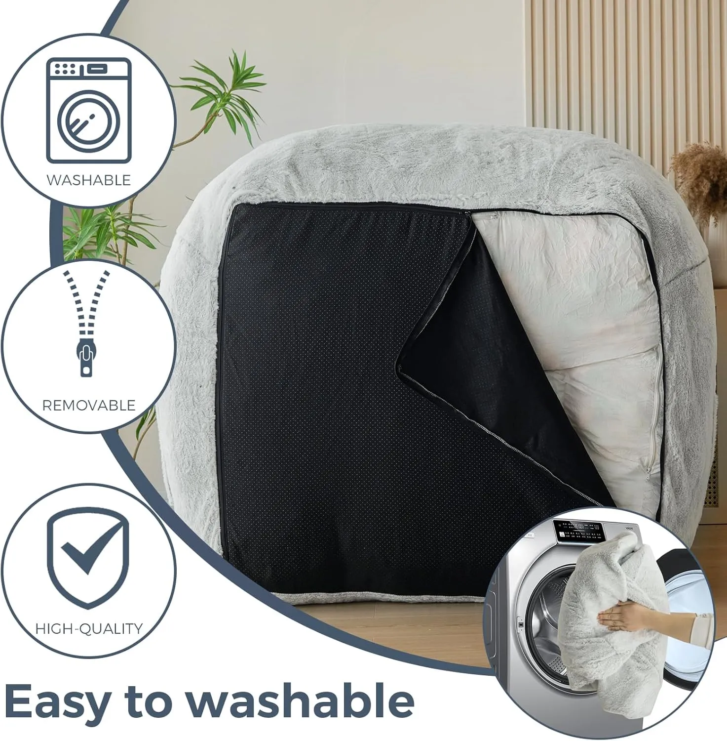 MAXYOYO Giant Bean Bag Chair with Pillow, Faux Fur Bean Bag Sofa for Adults Large Fluffy and Comfy Bean Bag Couch with Filler for Reading, Gaming, Grey
