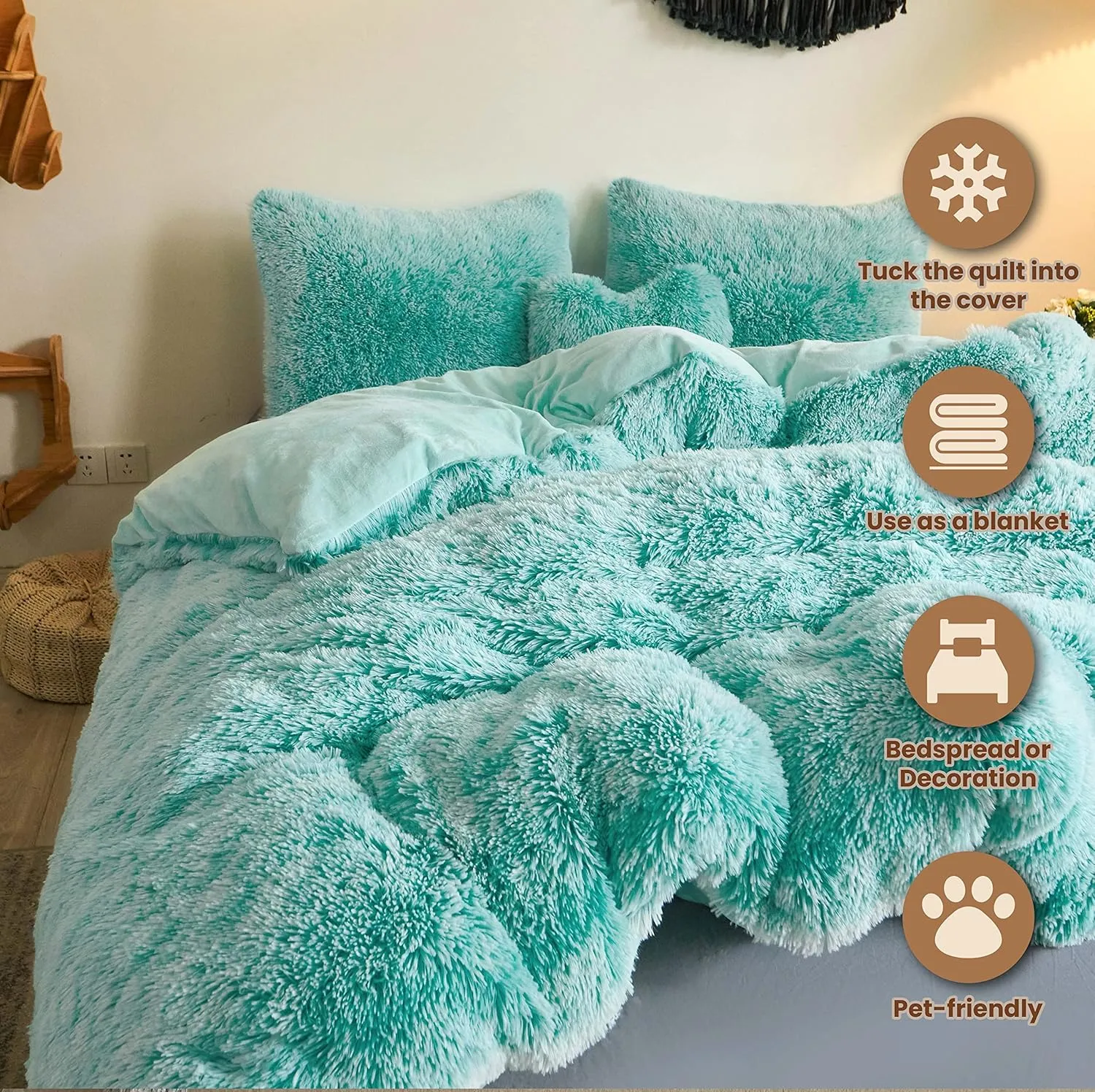 MEGO Luxury Shaggy Faux Fur Duvet Cover Set, Ultra Soft 2 Pieces Fluffy Comforter Cover Set, Fuzzy Bedding Set(1 Plush Furry Duvet Cover   1 Pillow Case), Zipper Closure(Twin, Aqua Green Ombre)