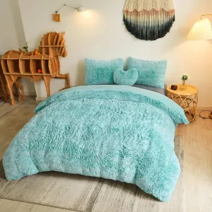 MEGO Luxury Shaggy Faux Fur Duvet Cover Set, Ultra Soft 2 Pieces Fluffy Comforter Cover Set, Fuzzy Bedding Set(1 Plush Furry Duvet Cover   1 Pillow Case), Zipper Closure(Twin, Aqua Green Ombre)