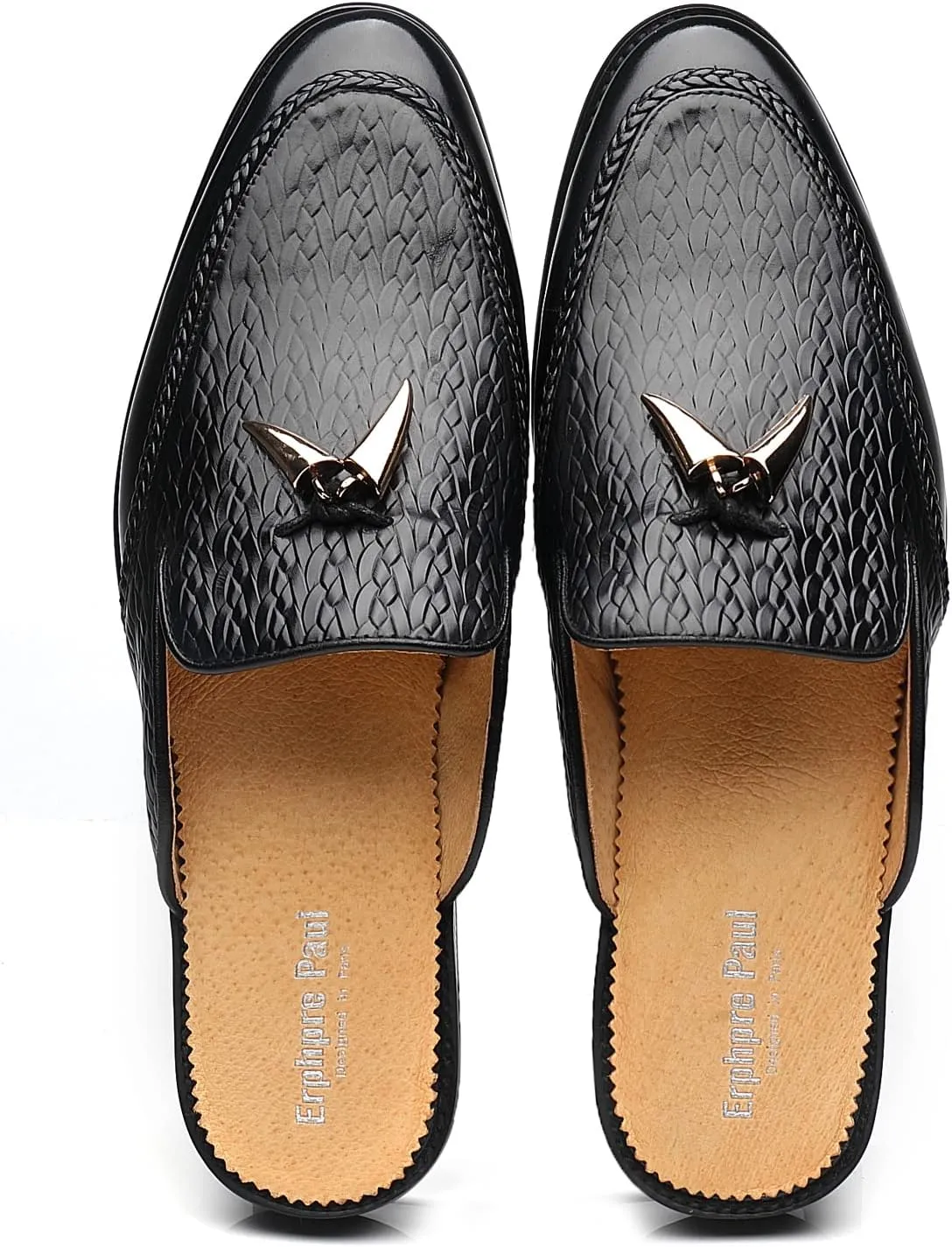 Mens Black Backless Loafers Genuine Leather Mules Shoes