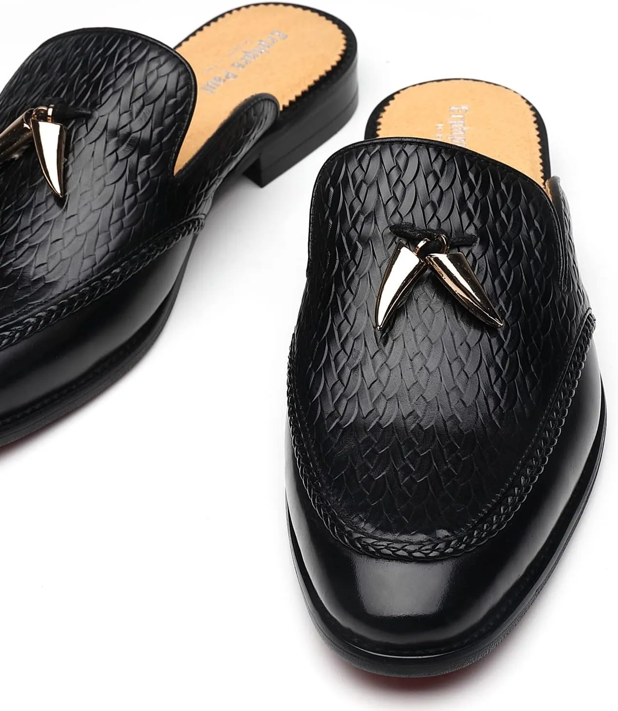 Mens Black Backless Loafers Genuine Leather Mules Shoes