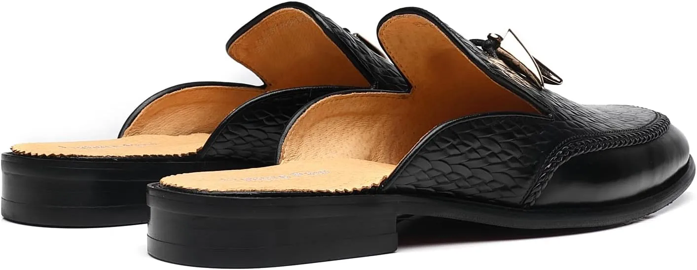Mens Black Backless Loafers Genuine Leather Mules Shoes