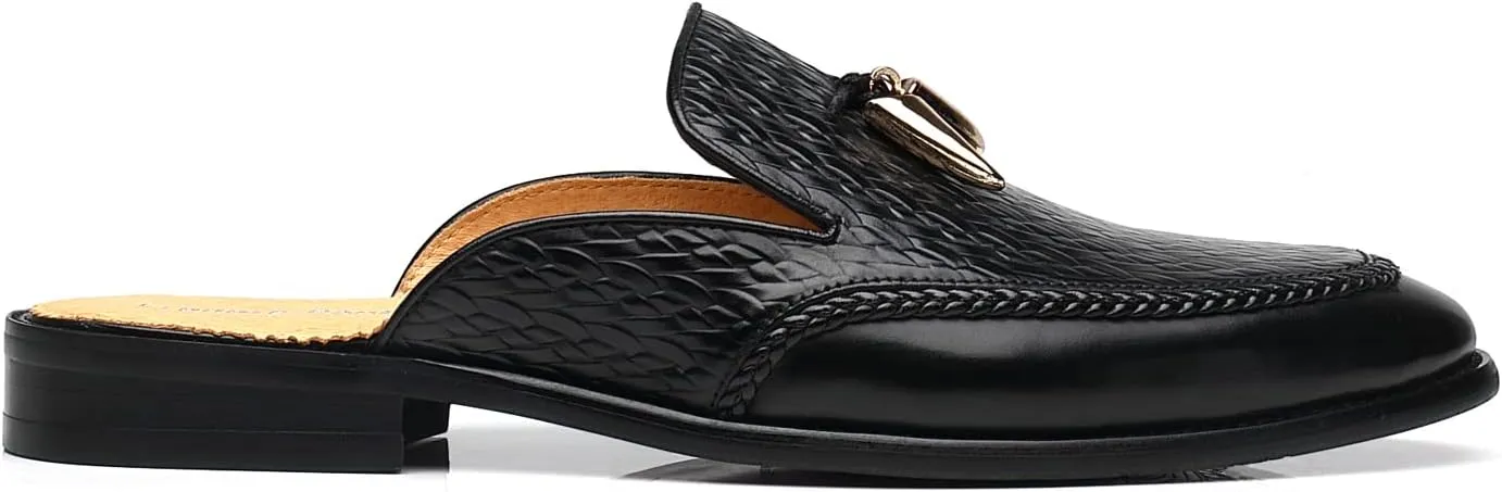 Mens Black Backless Loafers Genuine Leather Mules Shoes