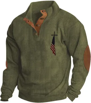 Mens Corduroy Shirts Casual Outdoor American Flag Print Graphic Sweatshirt 1/4 Button Up Mock Neck Pullover Sweater