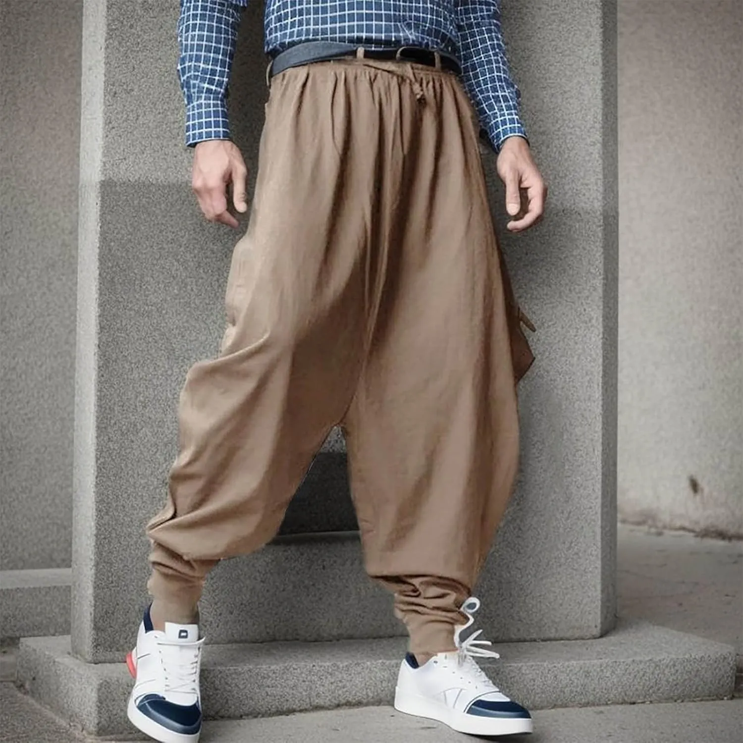 Mens Hip Hop Harem Pants Fashion Solid Color Oversized Tapered Pants Casual Comfy Elastic Drawstring Baggy Trouser