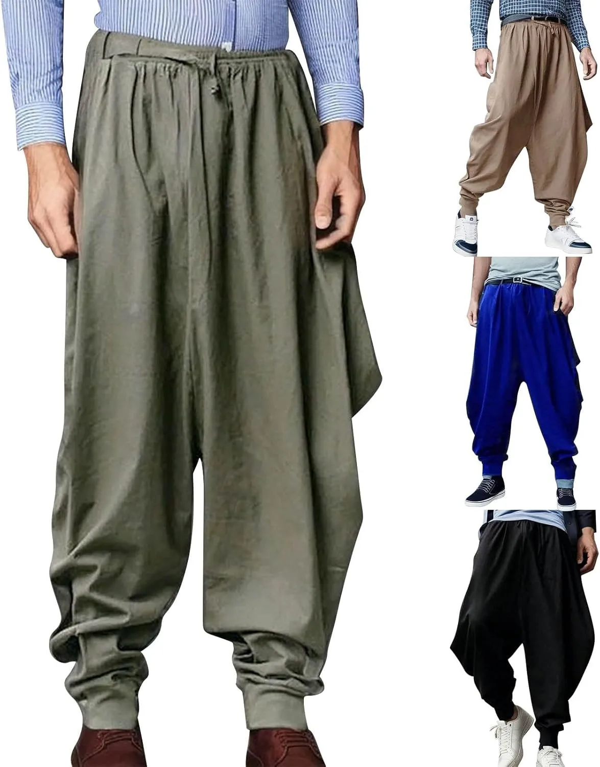 Mens Hip Hop Harem Pants Fashion Solid Color Oversized Tapered Pants Casual Comfy Elastic Drawstring Baggy Trouser