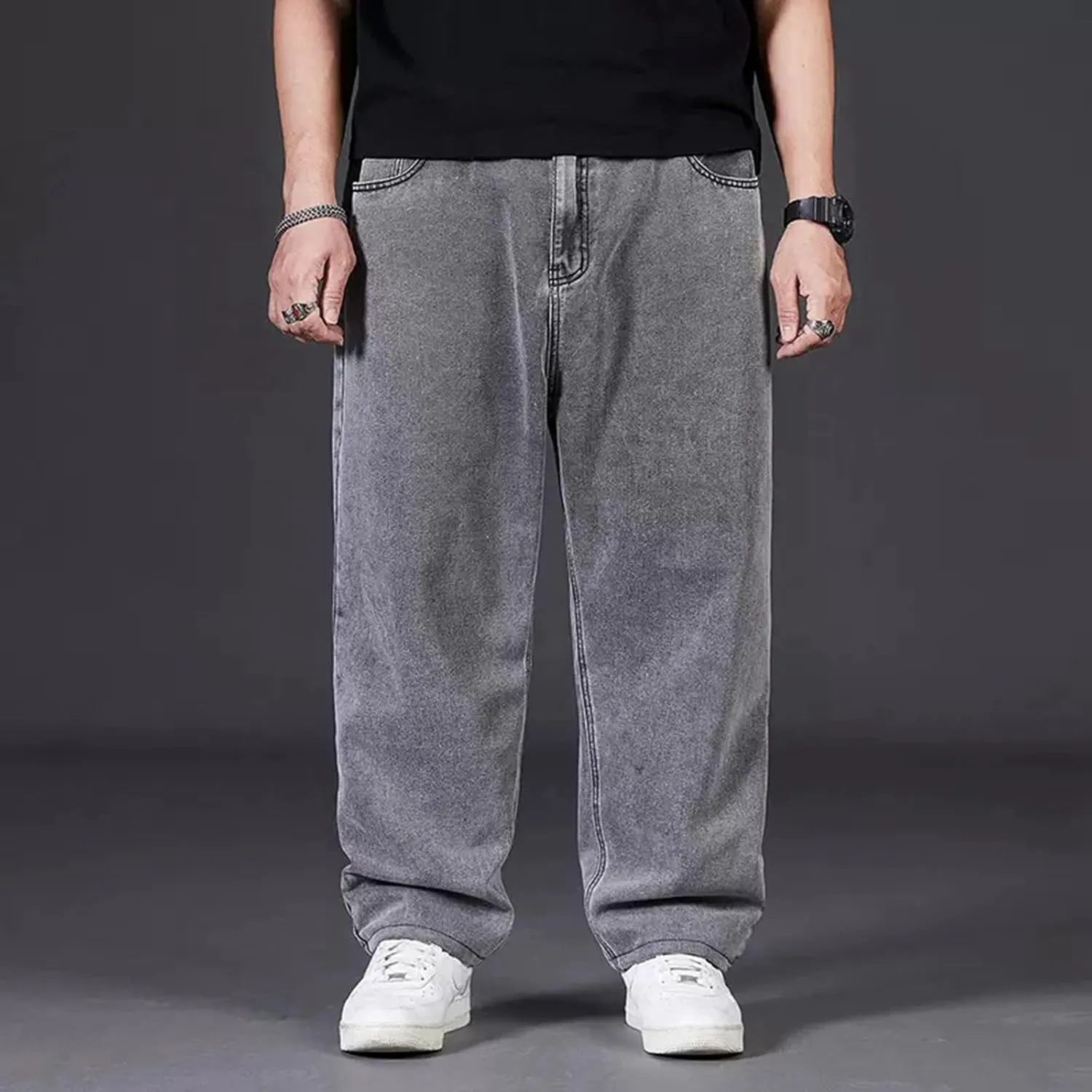 Men's Jeans Loose Casual Sports Solid Straight Leg Jeans Elasticated Waist Athletic Fit Denim Pants with Pockets 2024