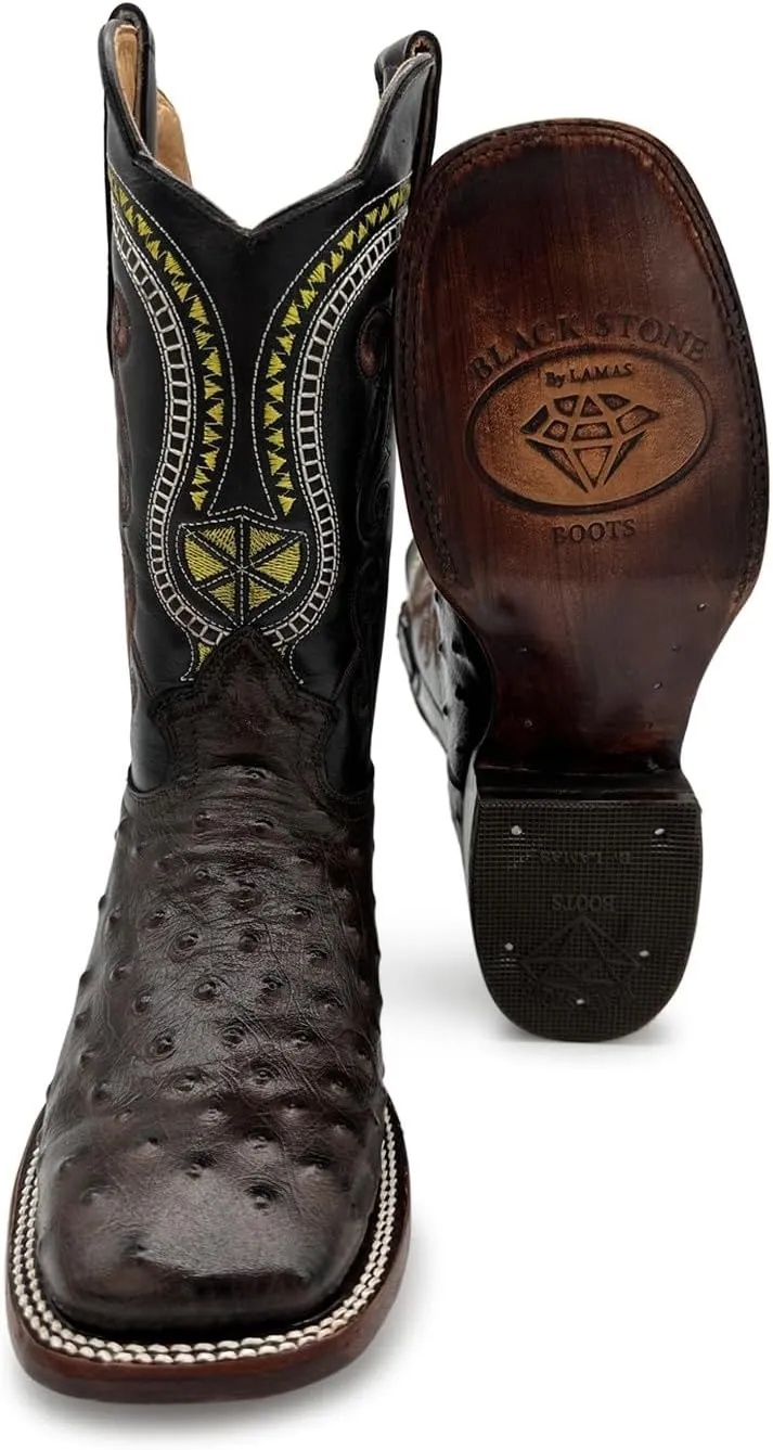Mens Leather Ostrich Quill Print Square Toe Western Cowboy Boot