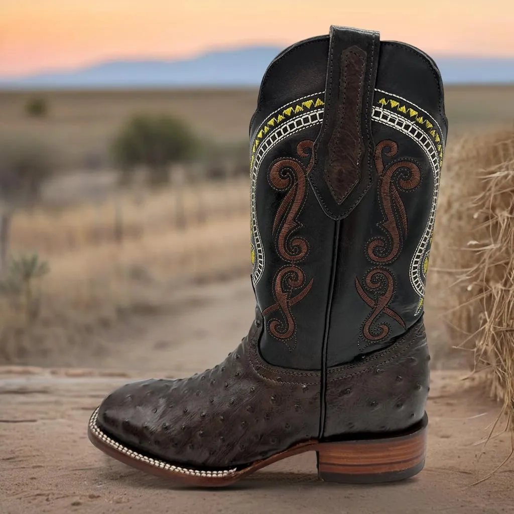 Mens Leather Ostrich Quill Print Square Toe Western Cowboy Boot