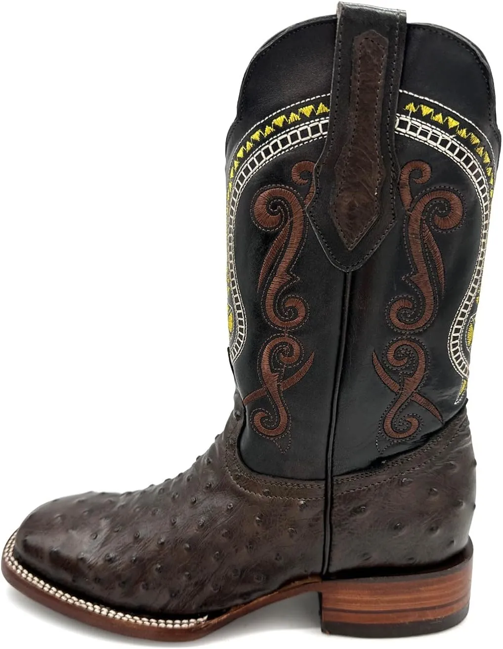 Mens Leather Ostrich Quill Print Square Toe Western Cowboy Boot