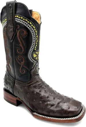 Mens Leather Ostrich Quill Print Square Toe Western Cowboy Boot