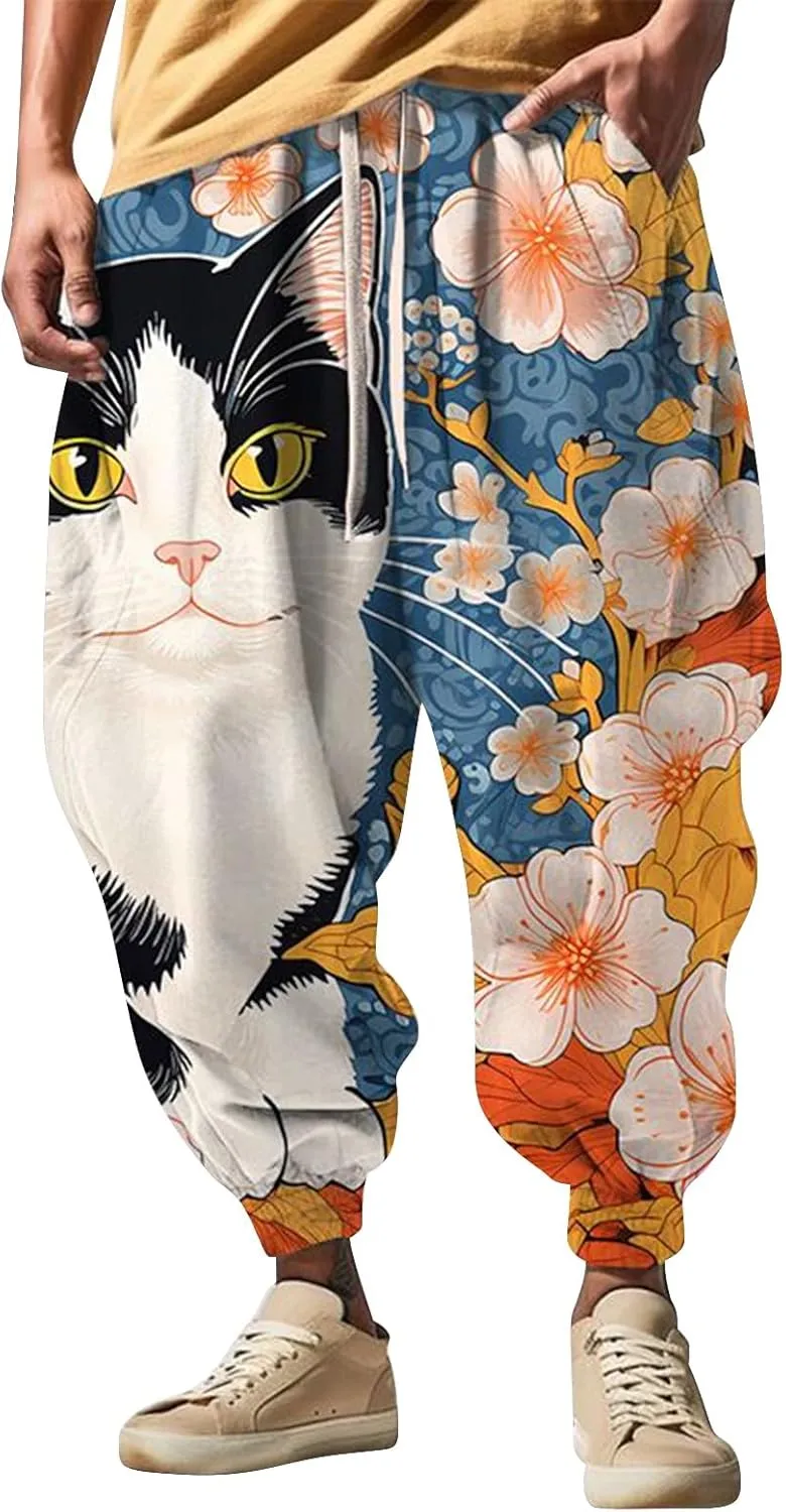 Men's Linen Harem Drawstring Pants Men's Autumn Fun Print Fashion Street Feel Casual Hiking Outdoor Twill Track