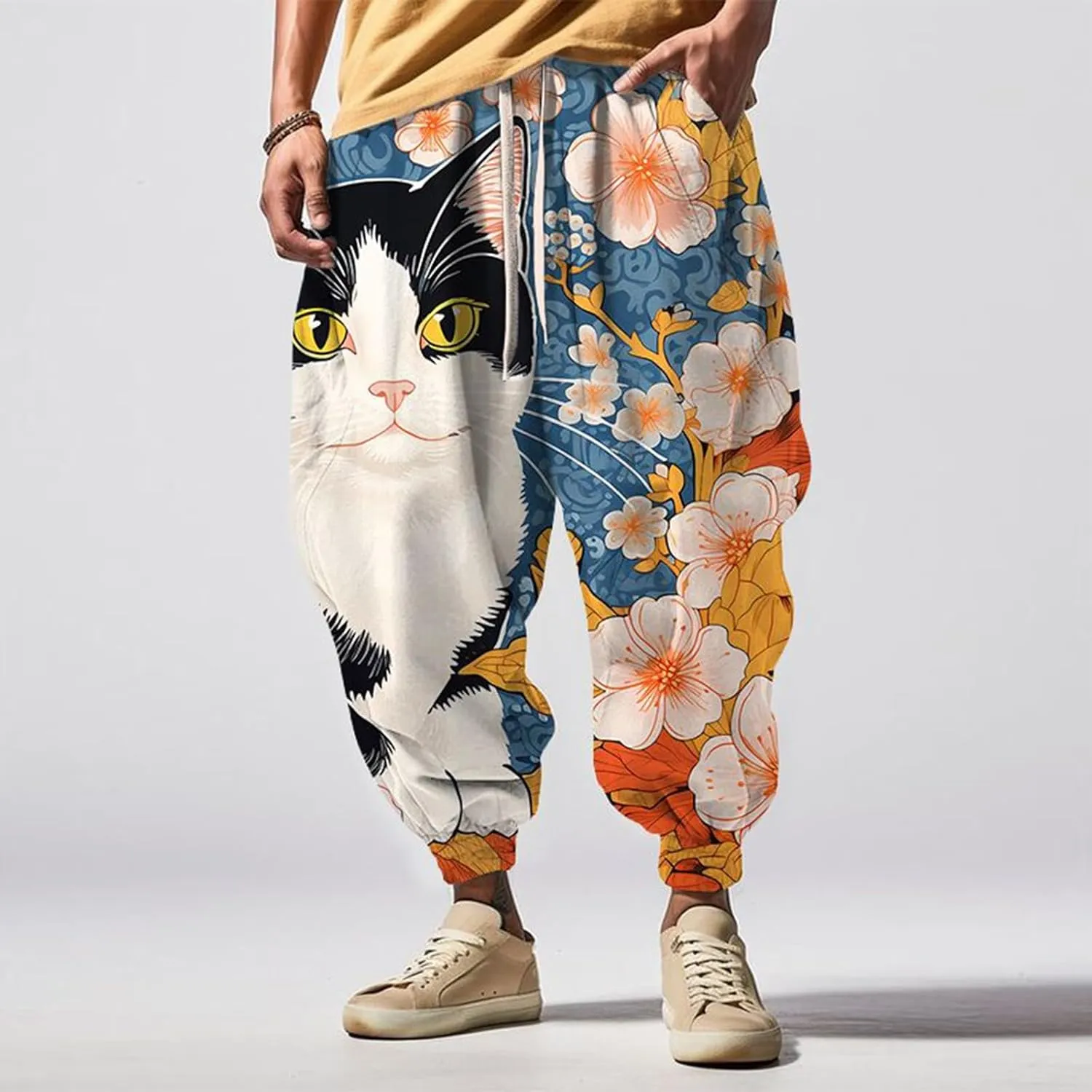 Men's Linen Harem Drawstring Pants Men's Autumn Fun Print Fashion Street Feel Casual Hiking Outdoor Twill Track