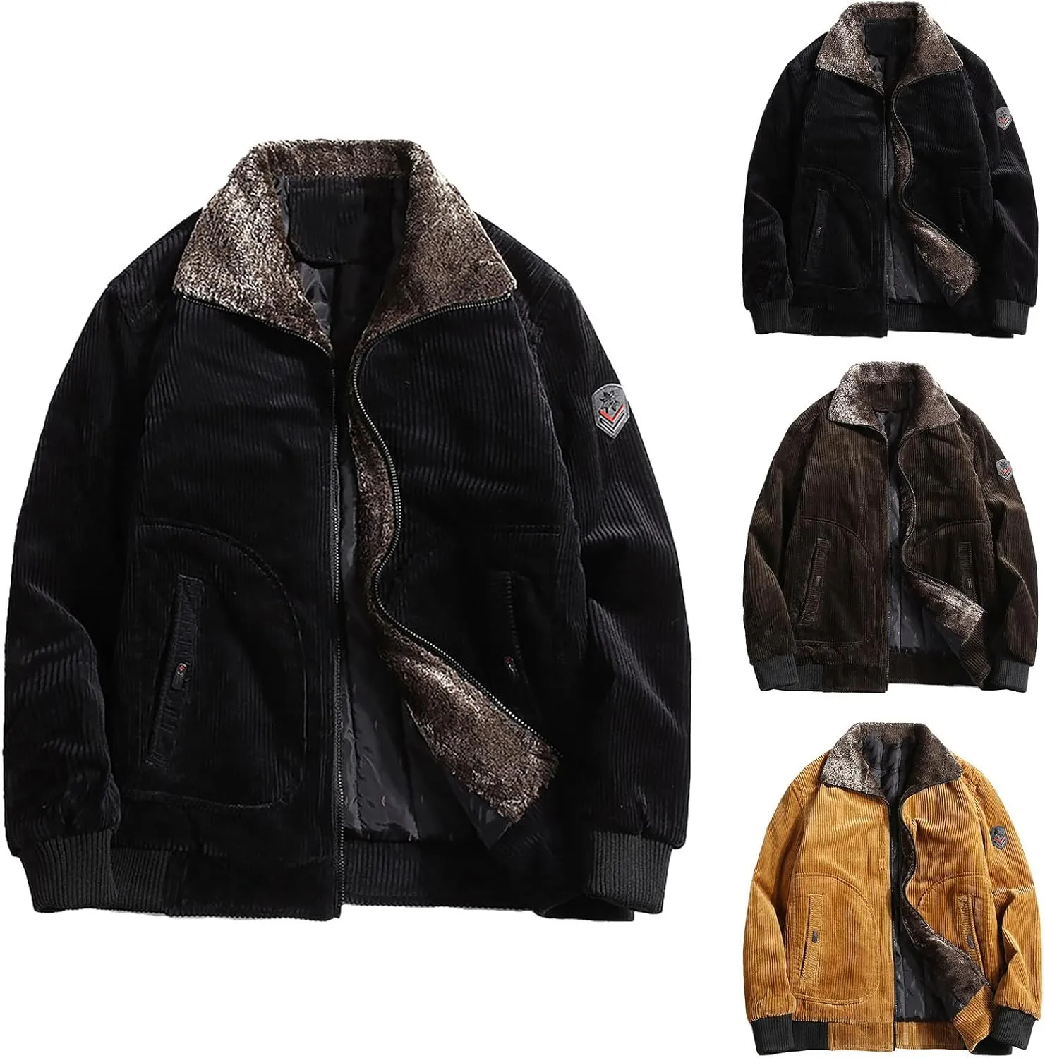 Men's Retro Sherpa Fleece Lined Corduroy Trucker Jackets Lapel Full Zip Faux Fur Neck Thickened Winter Thermal Coats